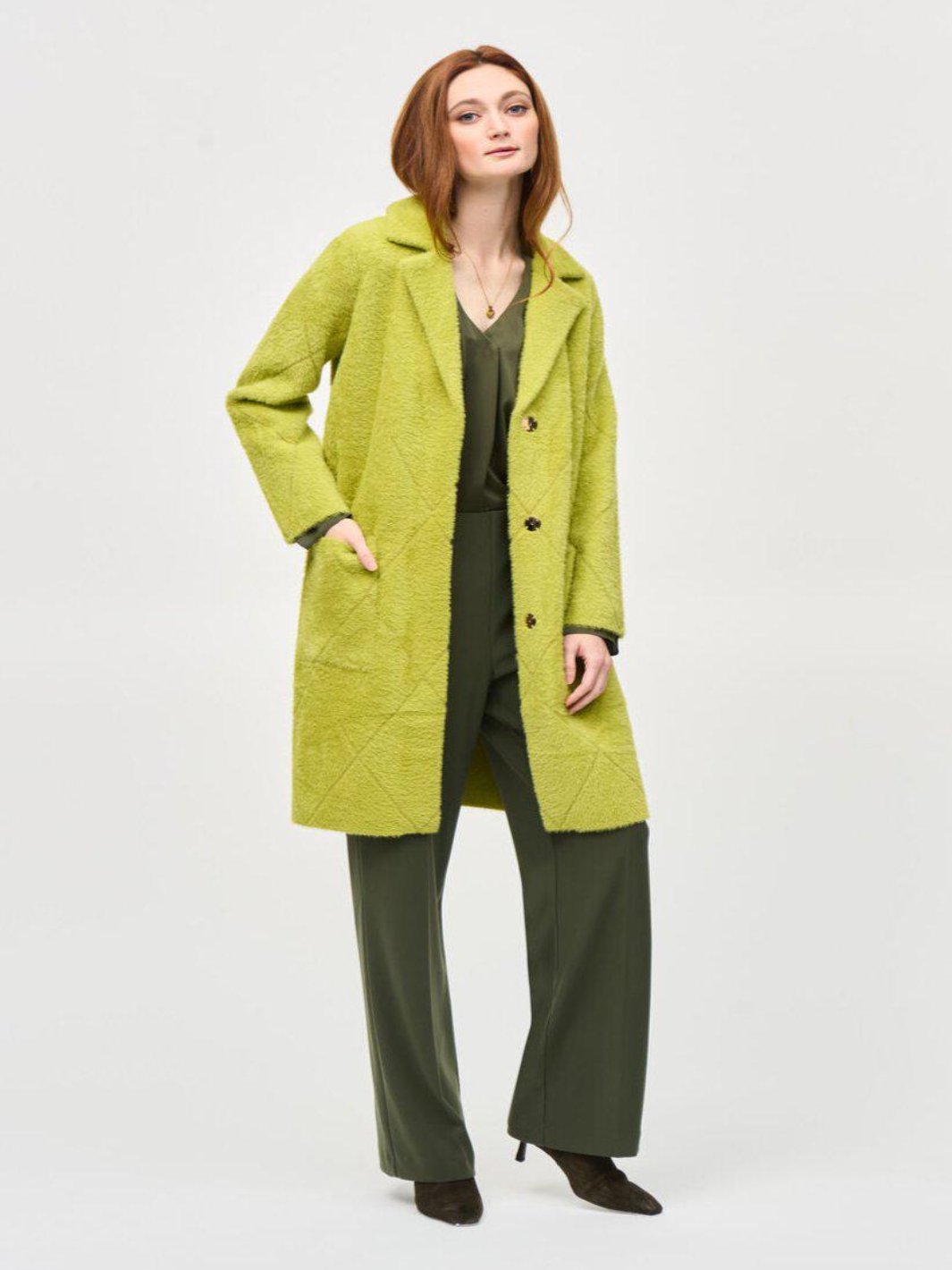 Joseph Ribkoff Long Sleeve Faux Fur Coat In Lime Green 233951