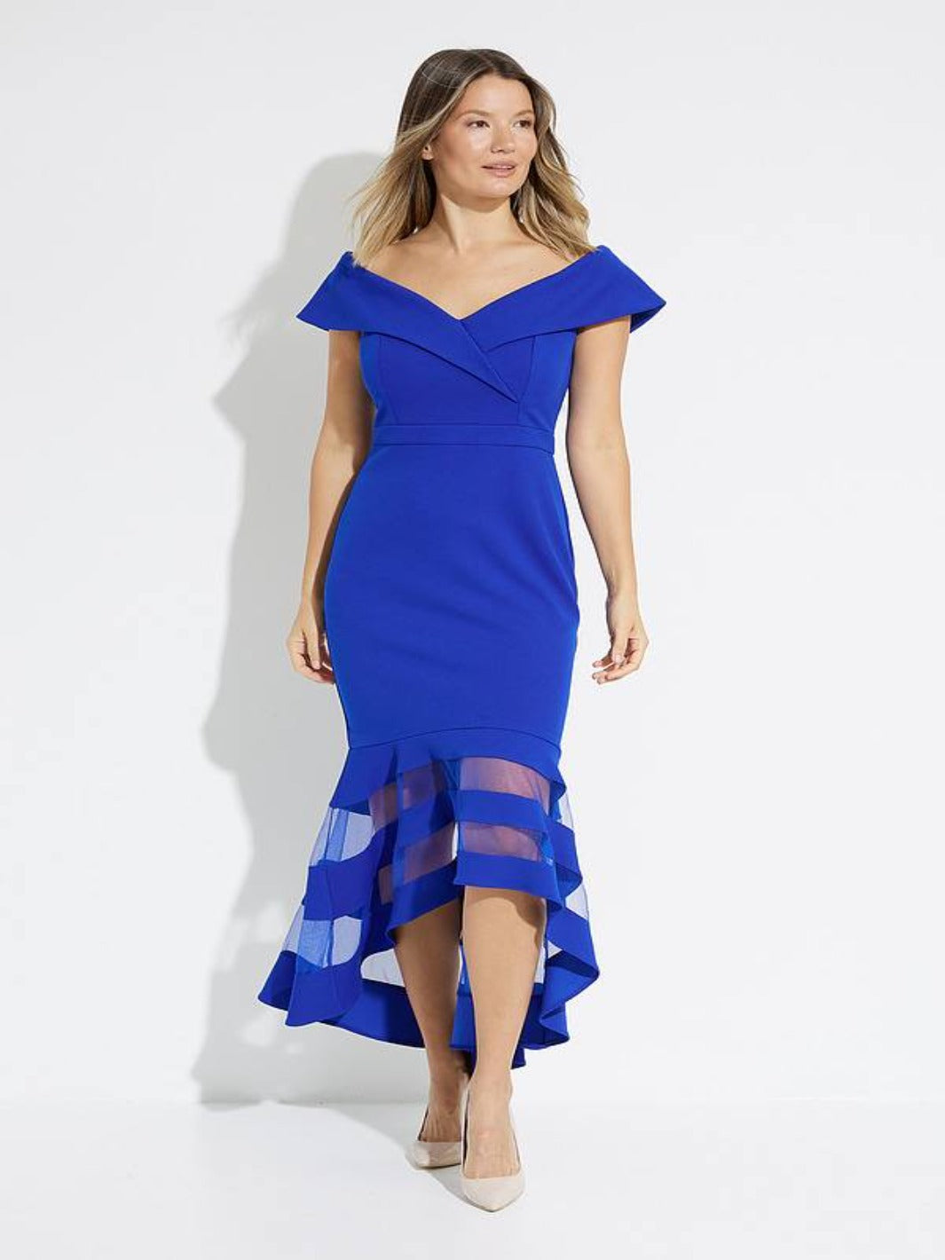 Monroe shimmer ruffle shop dress in royal blue