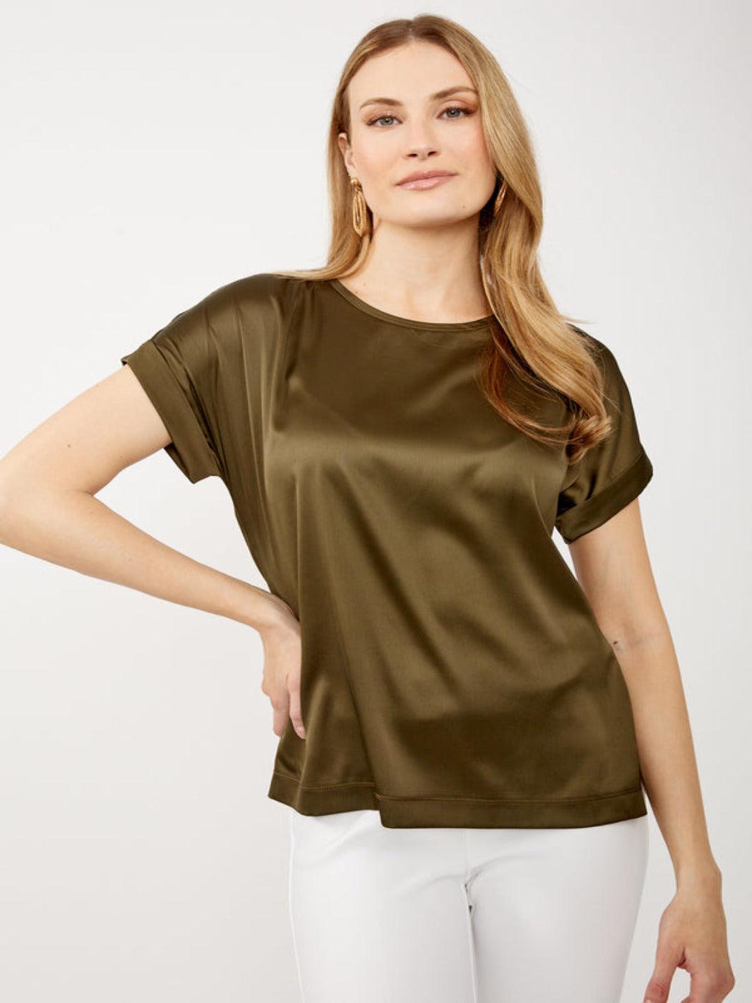 Joseph Ribkoff Crew Neck Pullover With Rolled Sleeves In Khaki Green 243912-Nicola Ross