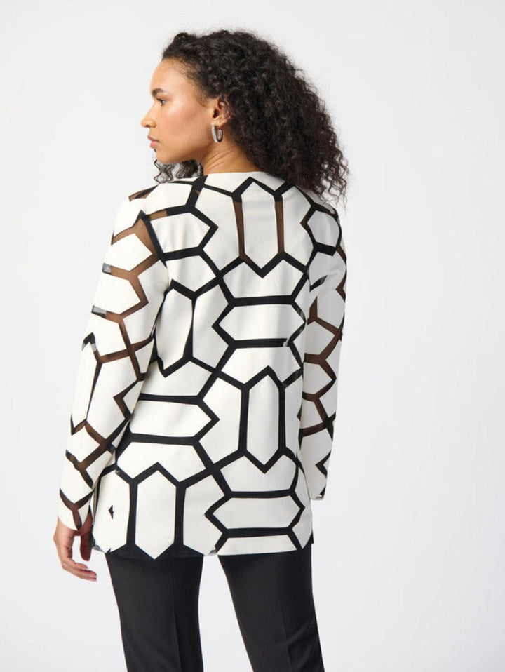 Joseph Ribkoff Geometric Pattern Dual Fabric Jacket Vanilla/Black 241905-Nicola Ross