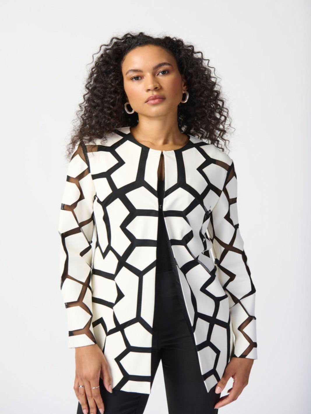 Joseph Ribkoff Geometric Pattern Dual Fabric Jacket Vanilla/Black 241905-Nicola Ross