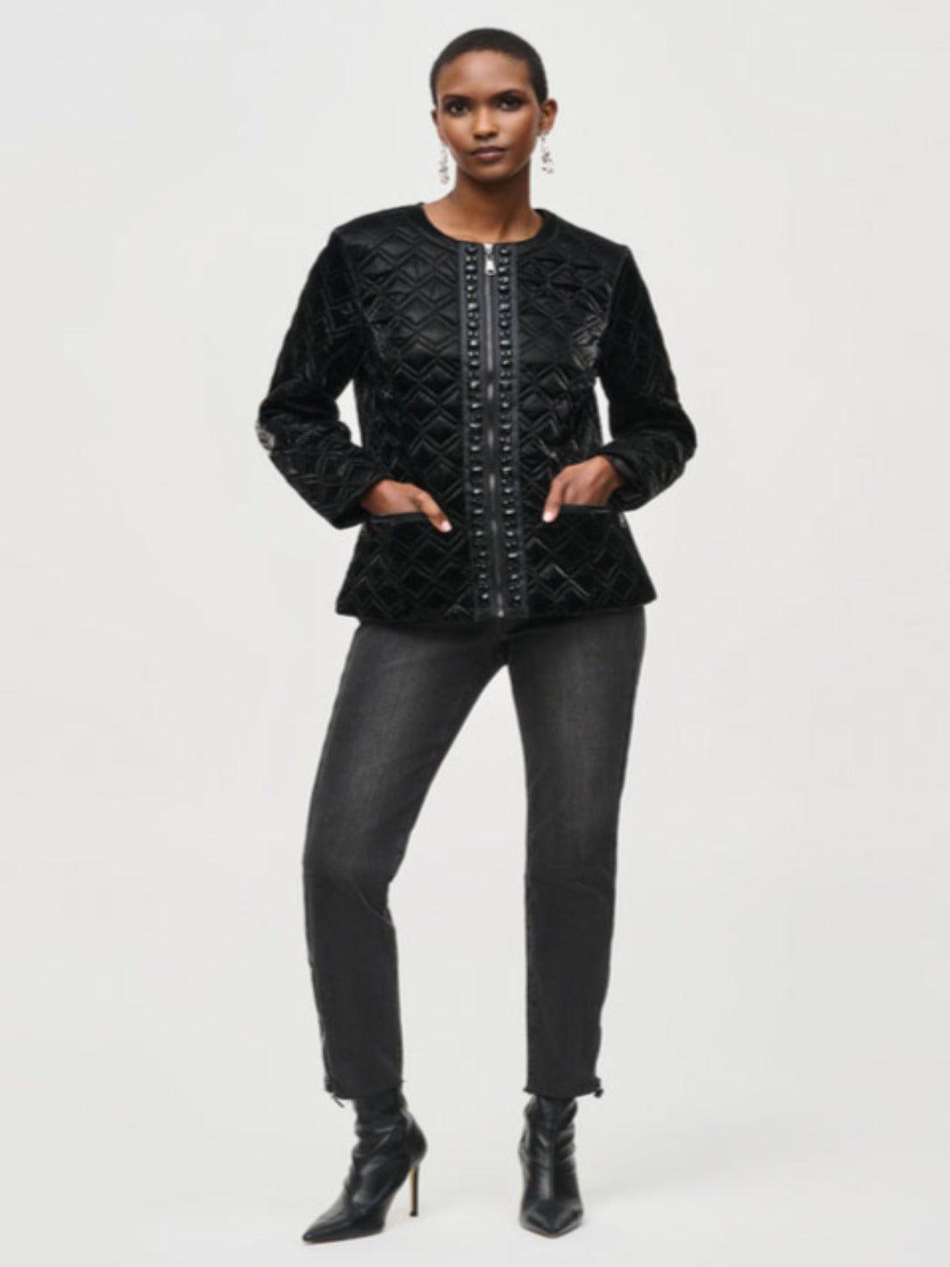 Joseph Ribkoff Quilted Puffer Coat With Trim Detail In Black 243920-Nicola Ross