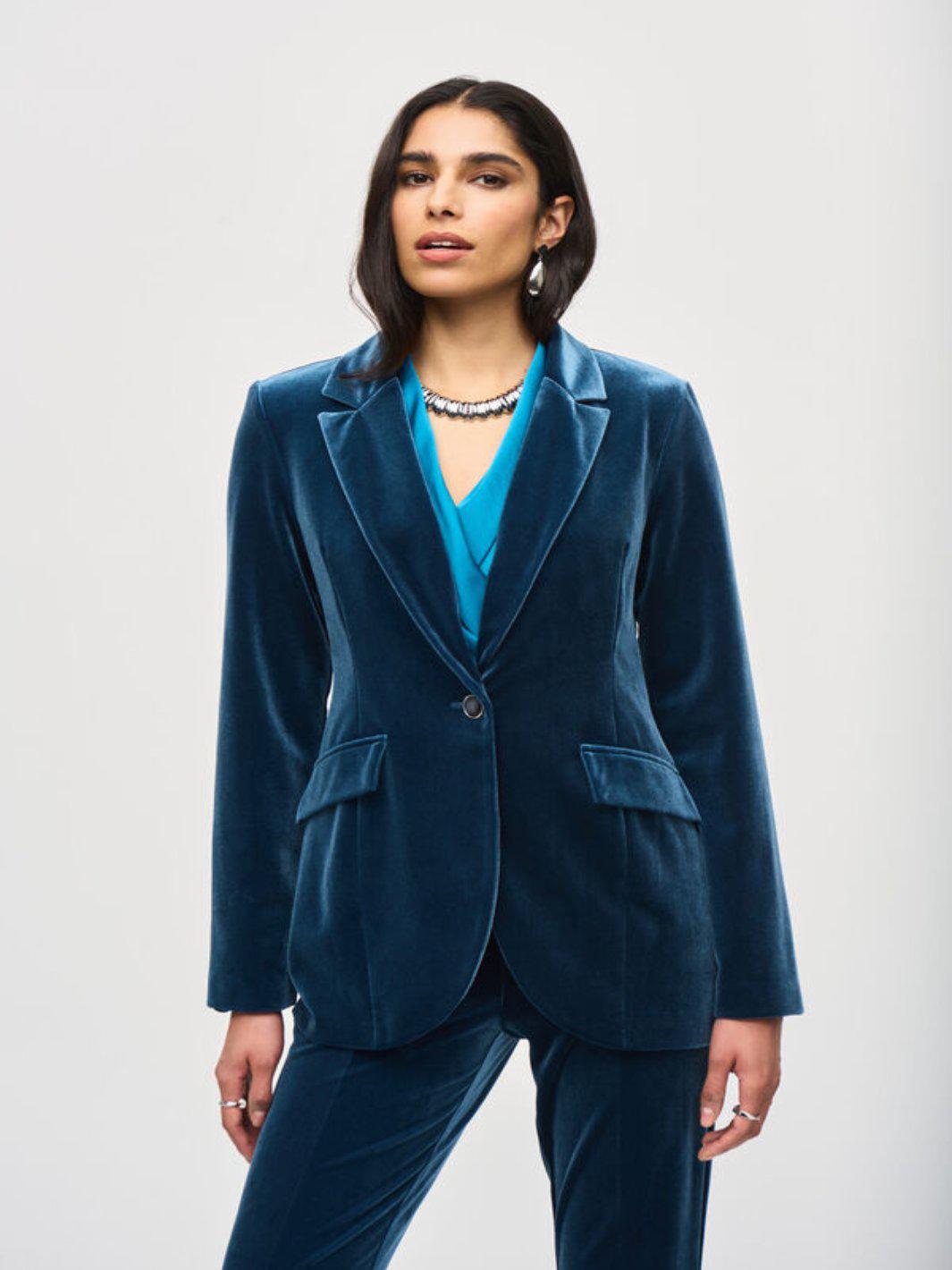 Joseph Ribkoff Sophisticated Notched Collar Blazer In Teal Velvet 243286