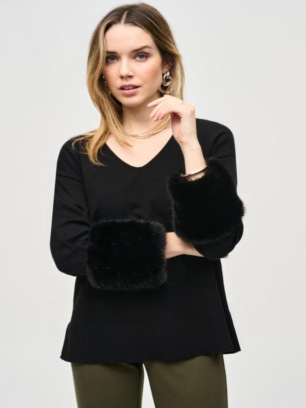 Joseph Ribkoff Sweater Knit Tunic With Faux Fur Cuffs In Black 243955-Nicola Ross