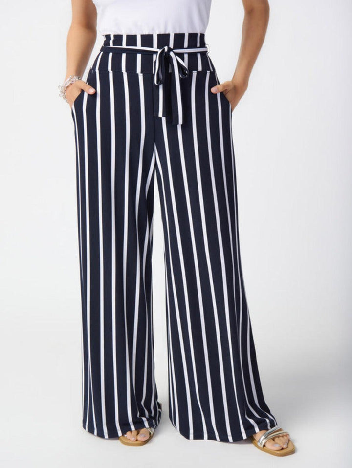 Joseph Ribkoff Vertical Stripe Wide Leg Pants In Midnight Blue/Vanilla 241135-Nicola Ross