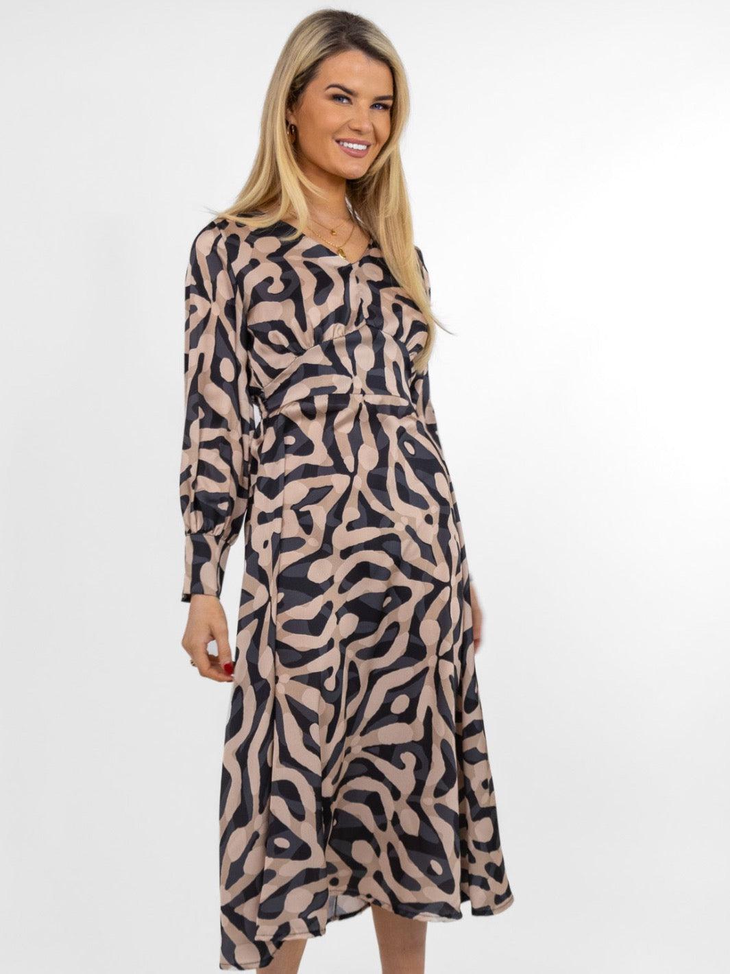 Kate & Pippa Birkin Midi Dress In Beige / Black Print-Nicola Ross