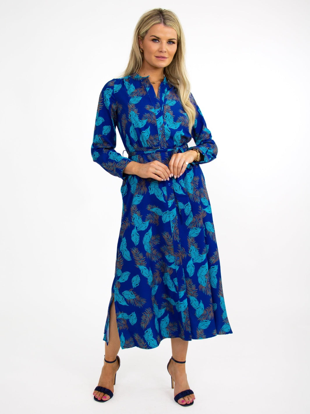 Kate Pippa Capri Dress In Blue Feather Leaf Print