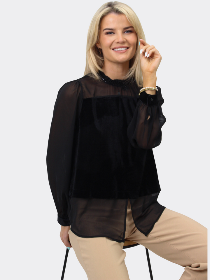 Kate & Pippa Harper Velvet Chiffon Top In Black-Nicola Ross