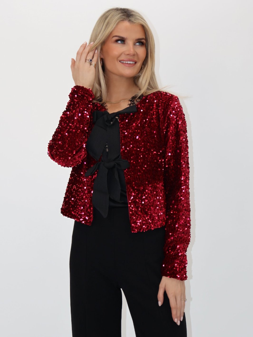 Kate & Pippa Lori Bow Tie Jacket In Red Sparkle-Nicola Ross