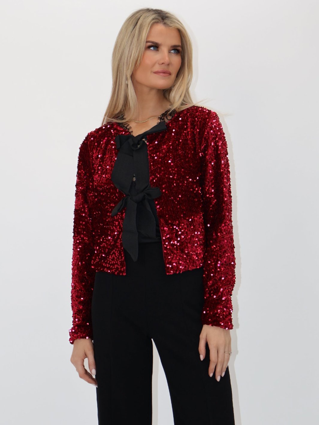 Kate & Pippa Lori Bow Tie Jacket In Red Sparkle-Nicola Ross