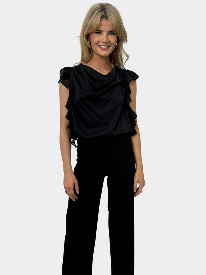 Kate & Pippa Riley Ruffled Cowl Neck Top In Black-Nicola Ross