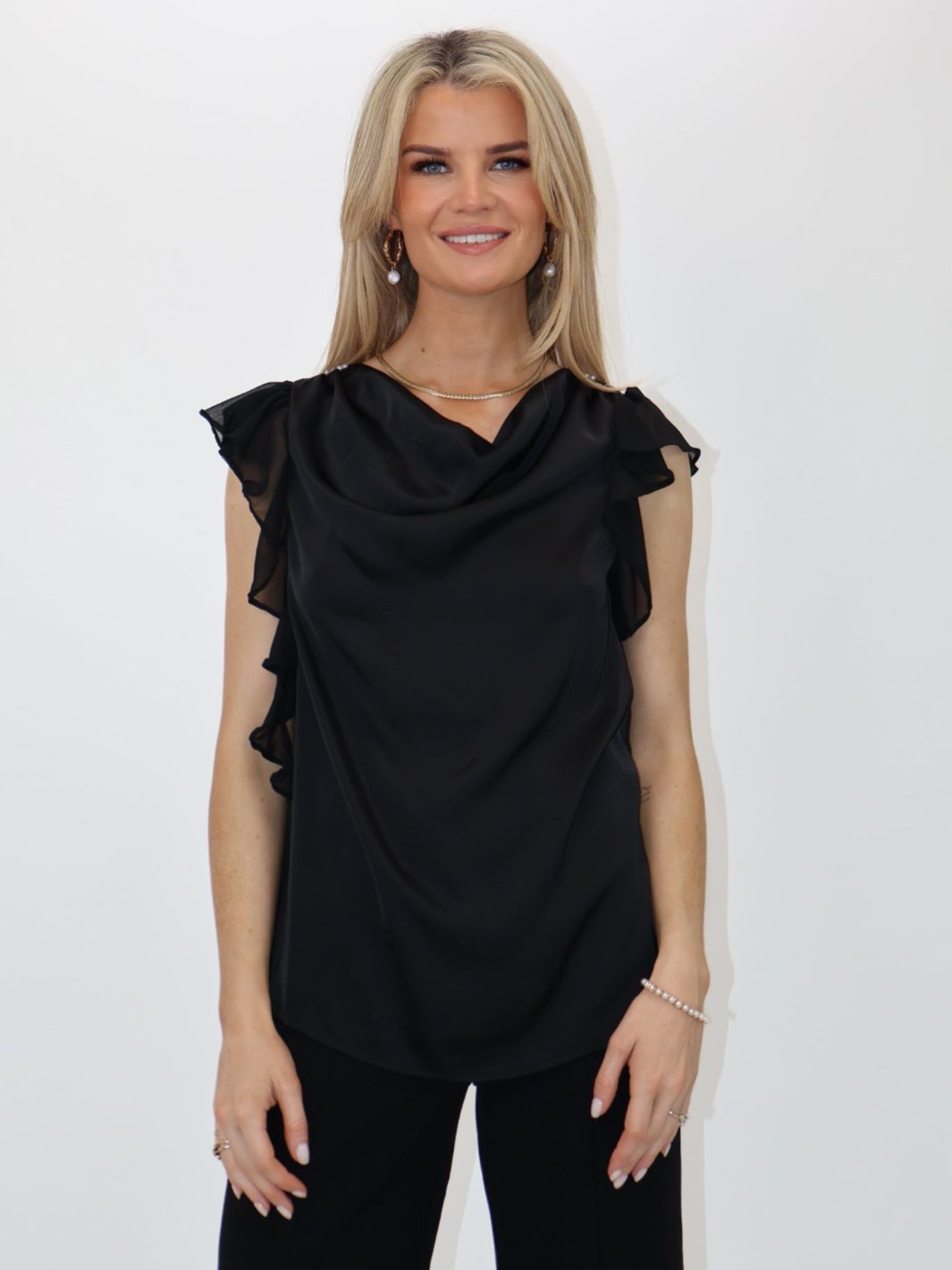 Kate & Pippa Riley Ruffled Cowl Neck Top In Black-Nicola Ross