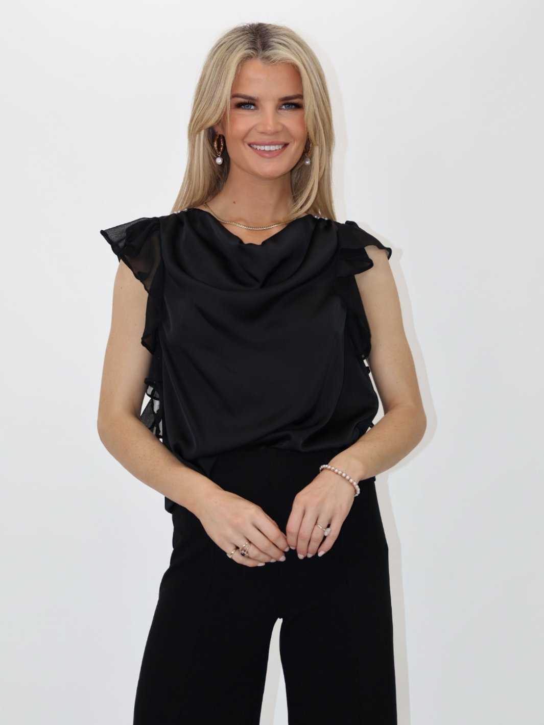 Kate & Pippa Riley Ruffled Cowl Neck Top In Black-Nicola Ross