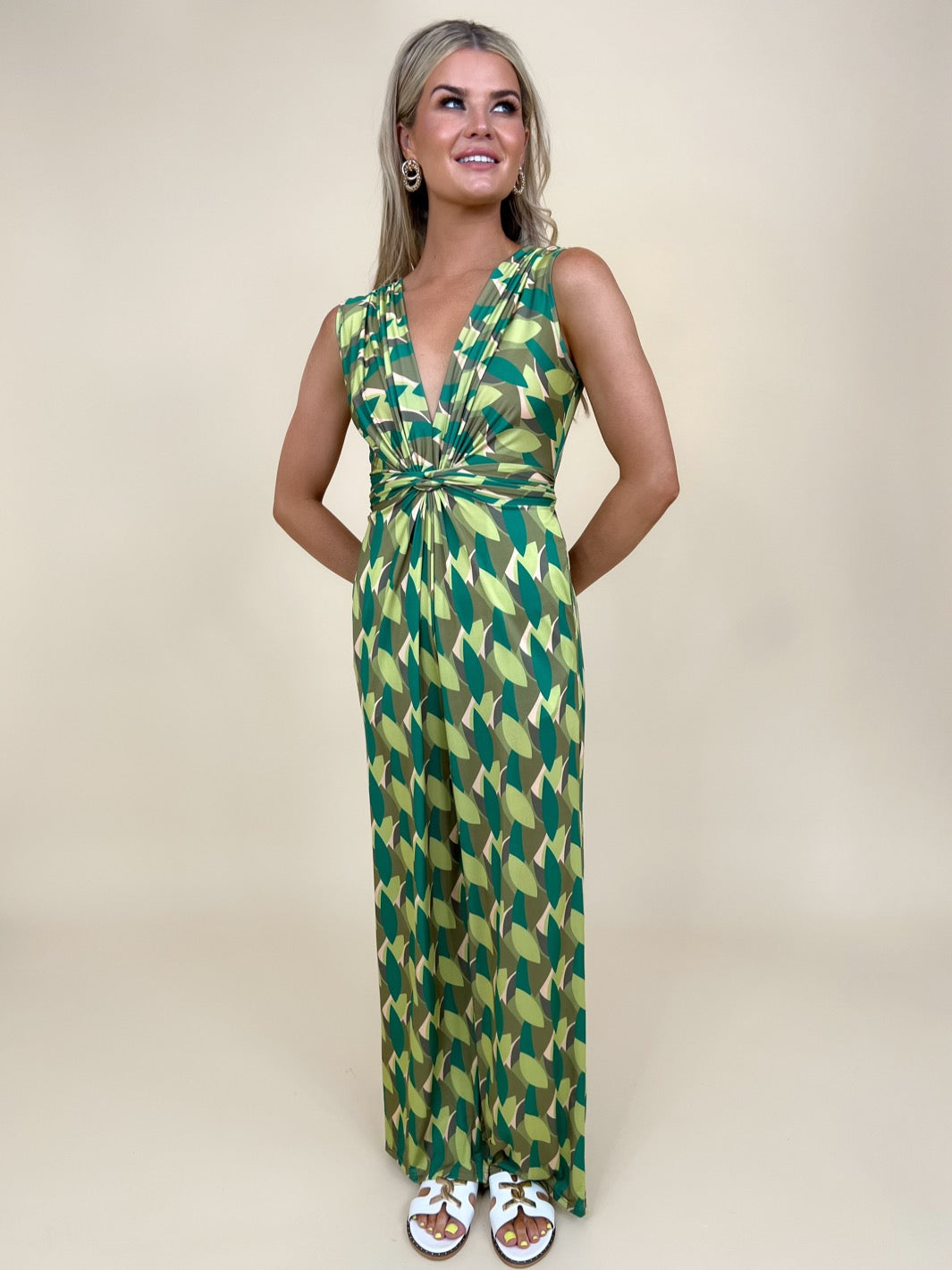 Kate & Pippa Servino Sleeveless Jumpsuit In Green Print-Nicola Ross