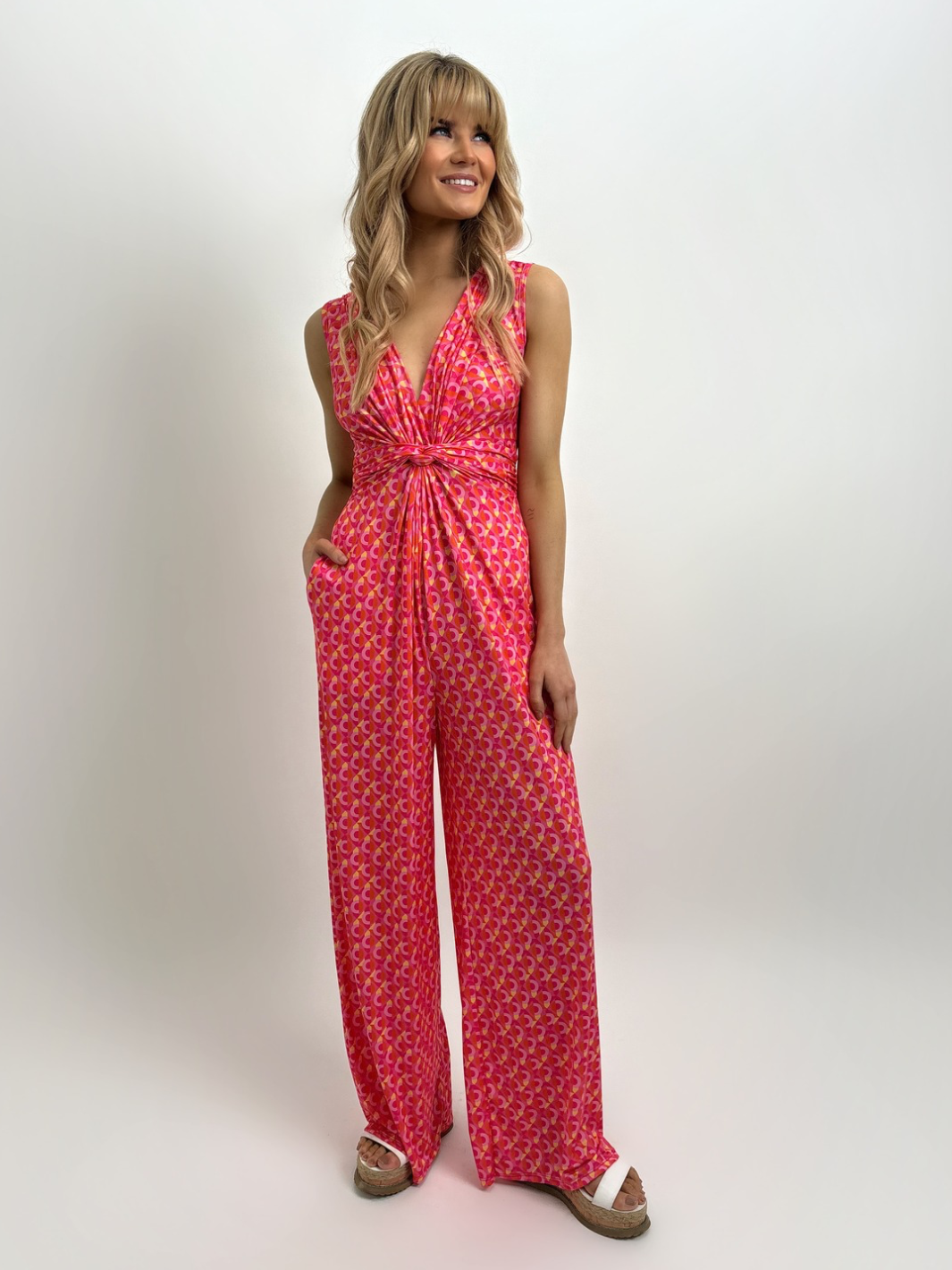 Kate & Pippa Servino Sleeveless Jumpsuit In Pink / Yellow Geo Print-Nicola Ross