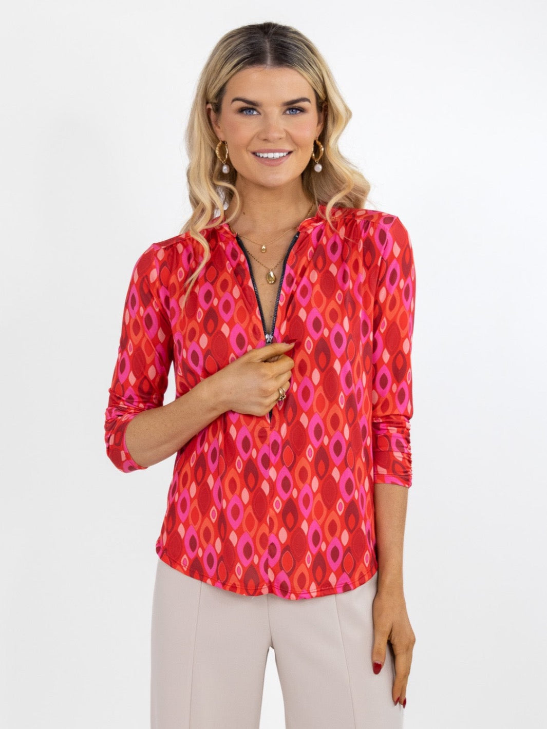 Kate & Pippa Zip Top In Pink / Coral Geo Print-Nicola Ross