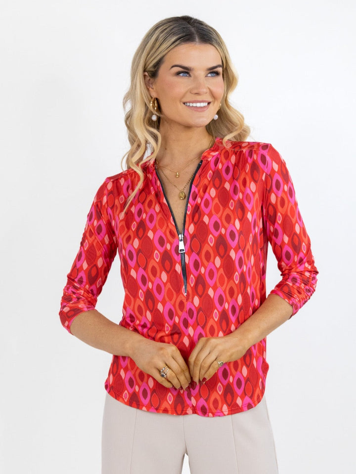 Kate & Pippa Zip Top In Pink / Coral Geo Print-Nicola Ross