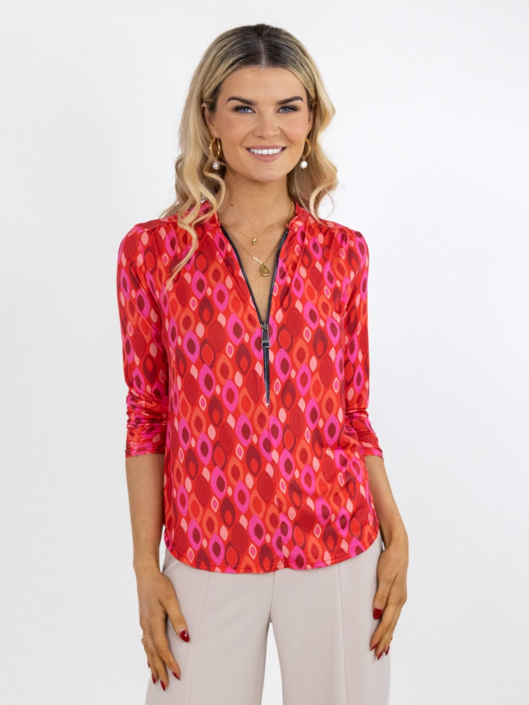 Kate & Pippa Zip Top In Pink / Coral Geo Print-Nicola Ross